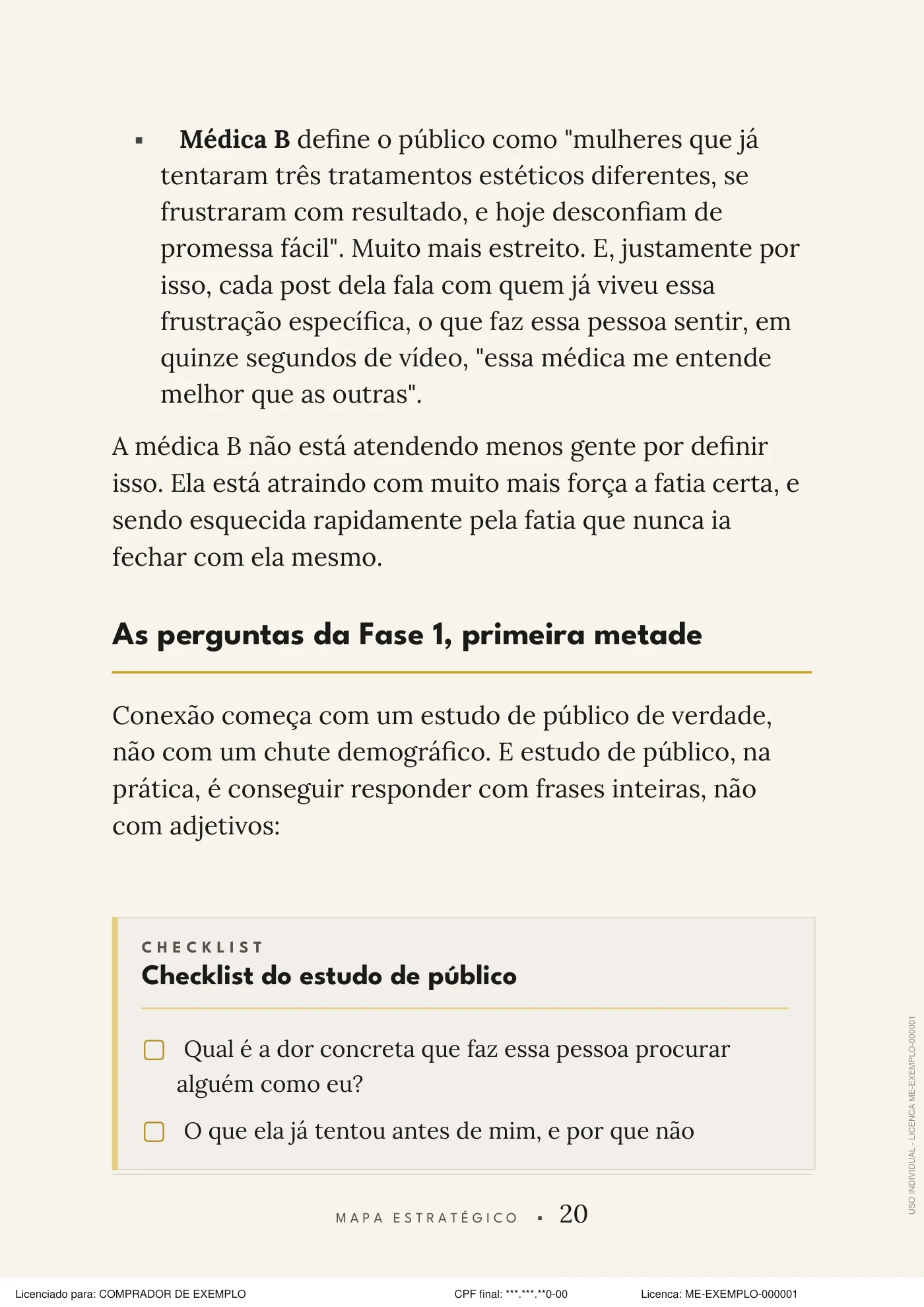Página real do Mapa Estratégico com perguntas e checklist do estudo de público